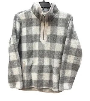 Abercrombie & Fitch Grey White Buffalo Plaid Sherpa Fleece Quarter Zip Pullover thumbnail 1