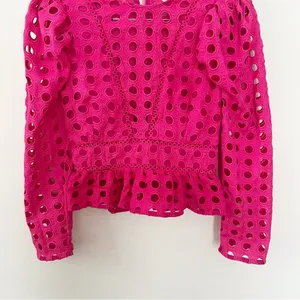 Lovers + Friends Hot Pink Puff Sleeve Peplum Top Cut Out Eyelet Size Small thumbnail 5