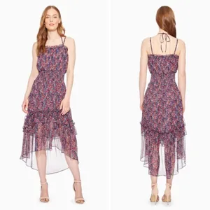 Parker‎ Amethyst Floral Silk Chiffon Purple & Red Floral Midi Dress M thumbnail 2