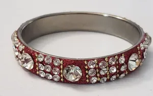 Vintage Bracelet / Bangle Red Glitter & Clear Gem 7.5" thumbnail 1
