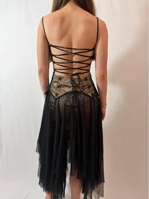 Black Mesh Overlay Embellished Corset Vintage Masquerade Formal Dress thumbnail 4