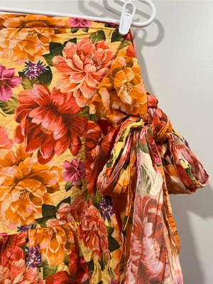 FARM Rio Lia Pink Orange Yellow Floral Ruffled Swim Coverup Skirt Small thumbnail 3