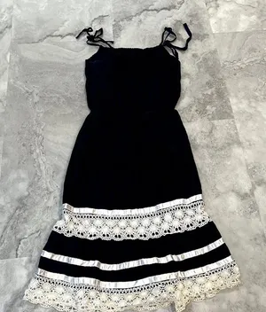 1970s True Vintage Navy Blue‎ Pleated Peasant Tank Tie Strap Dress Medium thumbnail 1
