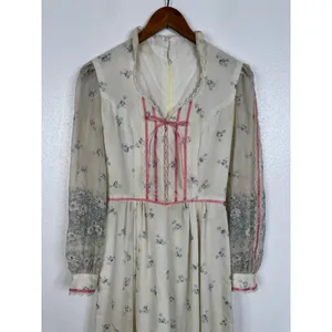 Vintage 70s Floral Prairie Maxi Dress Lace Trim Cottagecore Sheer Sleeve Cream thumbnail 3
