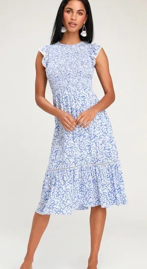 Lost + Wander Midi Dress Womens M Blue Floral Smocked‎ Ruffle Sleeve Cottagecore thumbnail 1