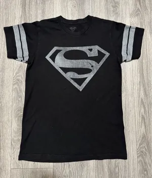 Superman Shirt S DC Comics Graphic Black Grey Striped Sleeve Varsity Tee Women thumbnail 1