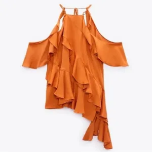 NEW Zara Orange Satin Ruffle Draped Off Shoulder Tank Top Blouse Small thumbnail 6