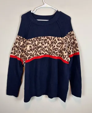 Aerie Navy Leopard Print Colorblock Sweater Crewneck Long Sleeve Pullover Large thumbnail 1
