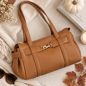 A New Day Cognac Brown Faux Leather Satchel Handbag Gold Snap Hook Clasp NWT thumbnail 2