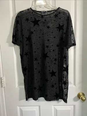 Nasty Gal Black Sheer Star-Print Short Sleeve Tee thumbnail 1