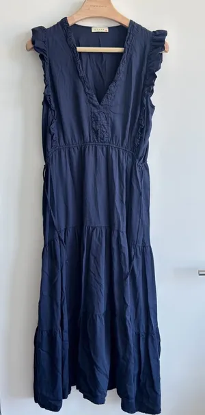 STARK X Navy Blue Cotton Ruffle Tiered Maxi Dress Boho Prairie Cottagecore L thumbnail 1