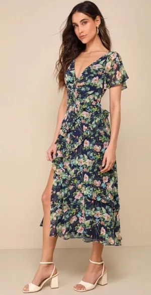 NWT Lulu's Next To You Navy Blue Floral V-Neck Ruffle Midi Dress thumbnail 1