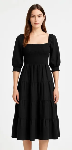Hill House Home Nesli Black Puff Sleeve Smocked Tiered Midi A-Line Nap Dress XS thumbnail 1