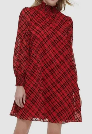 EUC Tommy Hilfiger Womens Red Flocked Plaid Flowy Dress velvet detail Size 14 thumbnail 1