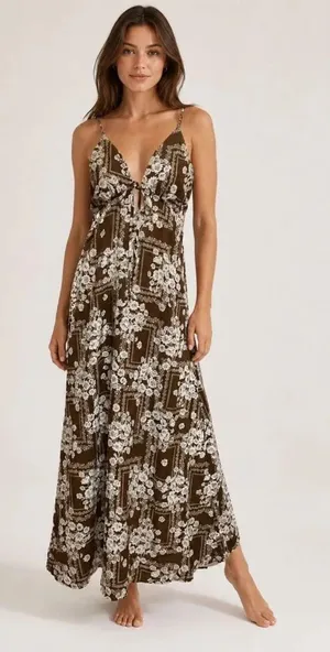 Paper Heart Anthropologie Chocolate Brown Floral Linen Maxi Dress, Size Large thumbnail 1