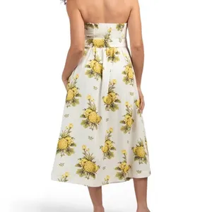TAHARI Linen Blend Vintage Pineapple Strapless Midi Dress Cream Yellow 8 NWT thumbnail 2