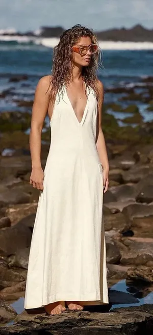 Free People Beach White Plunge V-Neck Sleeveless Maxi Dress Resort Vacation thumbnail 1