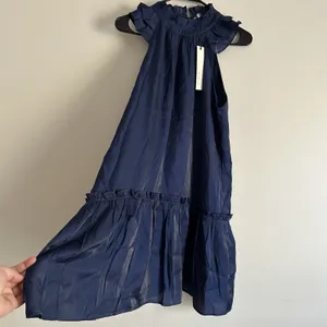 NWT Pinch Boutique Dress Small‎ Navy Blue Ruffle Neck And Trim Holiday Preppy thumbnail 3