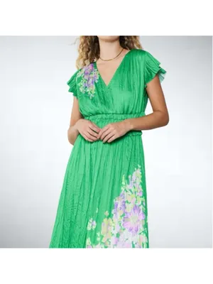 Anthropologie Current Air Floral Print Pleated Midi Dress in Green Size S thumbnail 2