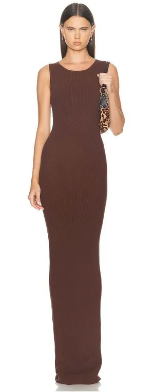 AEXAE Brown Rib Knit Tank Maxi Dress Bodycon‎ Stretch XS thumbnail 1
