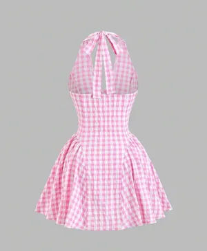 Plaid Halter Neck tie dress -Pink thumbnail 2