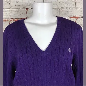 Lauren Ralph Lauren Knit Sweater Purple 100% Cotton V Neck Sz M Heritage Classic thumbnail 2