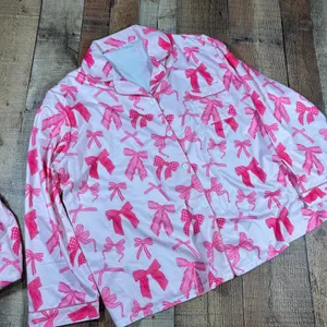 Pink Bow Print Pajama Set Top Pants Long Sleeve Coquette Feminine Plus 2X thumbnail 3