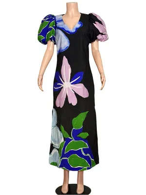 ANTHROPOLOGIE Puff-Sleeve A-Line Maxi Dress, Black Floral, Small thumbnail 5