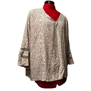 Riley & James Womens XL Leopard Print V-Neck Blouse Mesh Stripe 3/4‎ Sleeve Tan thumbnail 2