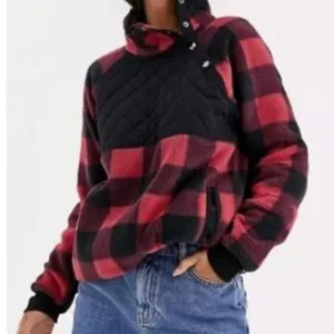 Abercrombie Red and Black Fleece Asymmetrical Snap Pullover Jacket thumbnail 2