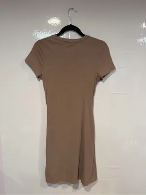 Altar’d State Ribbed Short-Sleeve Ruched Bodycon Dress‎ in Taupe thumbnail 3