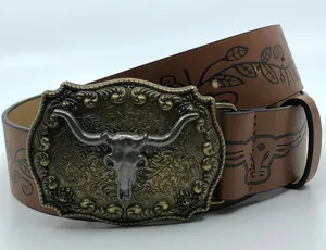 Women's Western Brown Belt w/ Big Longhorn Buckle, 31.5–40.5 Inches, X7G9A796 thumbnail 1