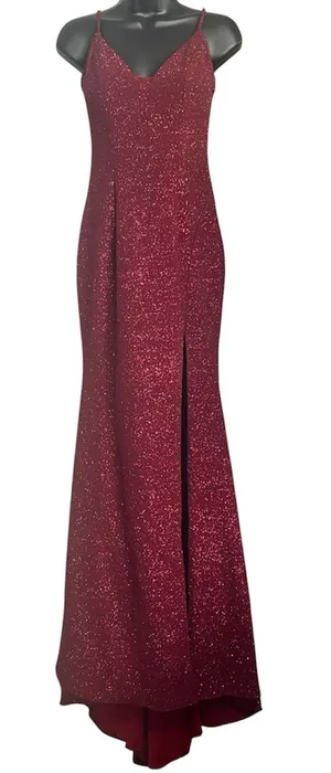 Jovani Size 2 Elegant Burgundy Glitter Slip Dress with High Thigh Slit thumbnail 1
