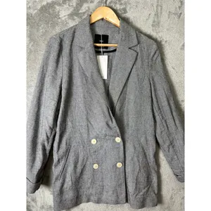 MNG Mango Linen Double Breasted Blazer Minimalist Coastal Chic Black White S New thumbnail 3