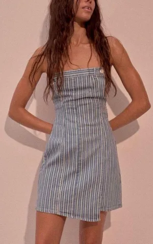Strapless Denim Striped Mini Dress thumbnail 2
