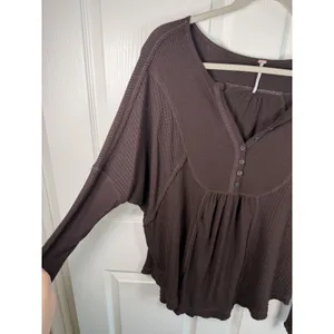 Free People Small Leo Henley Waffle Flow Tunic Brown Y2K Babydoll thumbnail 3