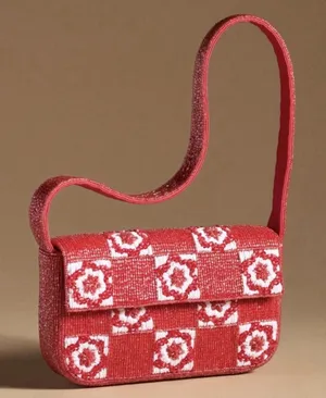 Anthropologie Fiona Beaded Shoulder Bag Red White Checkerboard Floral Flap Purse thumbnail 1