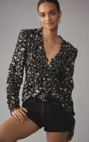 Anthropologie Ruched-Sleeve V-Neck Top S Romantic Floral Botanical‎ Cottagecore thumbnail 1