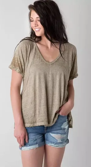 We the Free by Free People Burnout Free Fallin V Neck T Shirt Olive Green XS thumbnail 1
