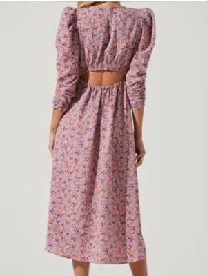 ASTR the Label Puff Sleeve V-Neck Back Cutout Midi Dress, purple peach floral XL thumbnail 9