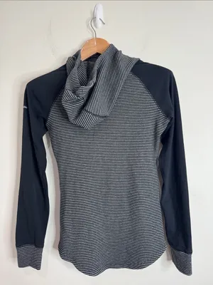 Columbia Black & Gray Striped Hooded High Neck Drawstring Rib Longsleeve Top S thumbnail 2