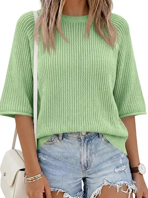 Saodimallsu Womens Short Sleeve Sweaters Crochet Knit Green. Size S thumbnail 1