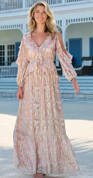 Boston Proper Ruffled Maxi Dress With Lurex Fabric Pink Womens Small thumbnail 1