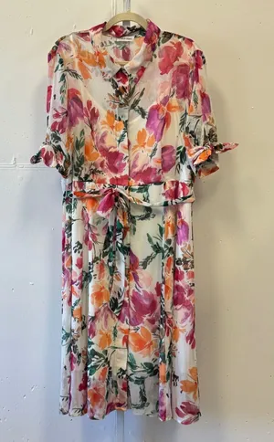 Calvin Klein Floral Midi Shirtdress Pink‎ Orange Watercolor Button Front Size 16 thumbnail 1