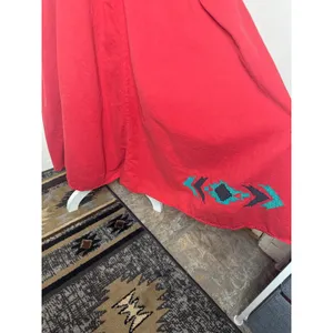 Vintage 80s/90s Western Red Maxi Long Sleeve Dress- Geometric Embroidery Cotton thumbnail 2