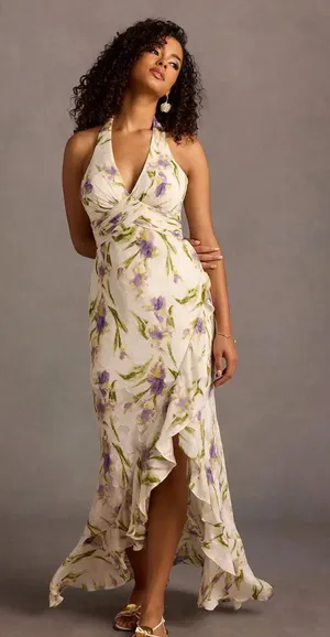 NWT Azazie Atelier Leora Tulip Print White Halter Maxi Dress thumbnail 1