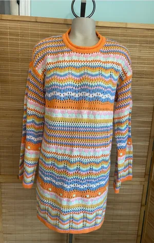 Unbranded colorful stripes open knit crotchet long sleeve sweater dress size M thumbnail 1