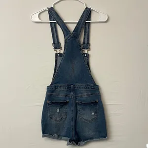 Women’s XS Distressed Jean Overalls High Rise – Vintage Look Short Romper (F10)✨ thumbnail 4