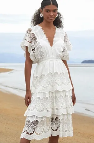Farm Rio Off-White Richelieu Midi Dress NEW thumbnail 1