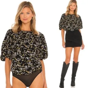 Free People Intimately‎ Bodysuit Floral Puff Sleeve Black Boho Top Womens S thumbnail 2